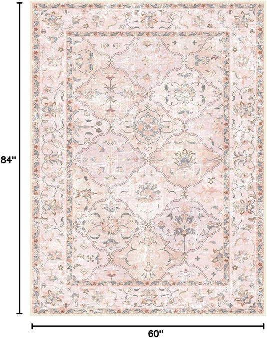 Boho Vintage Area Rugs 5×7 Washable Non-Slip Traditional Pink Carpet for Nursery Living Room Bedroom Dining Room Girls' Room
