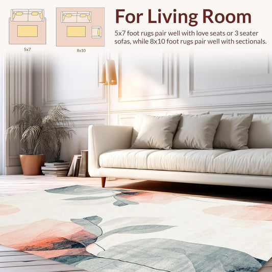 Flatwoven High Traffic Area Rug 4x6, Modern Abstract Petal Rug with Distressed Artistry, Non Slip, Stain Resistant, Washable Area Rugs for Living Room, Bedroom (Peach, 4x6)