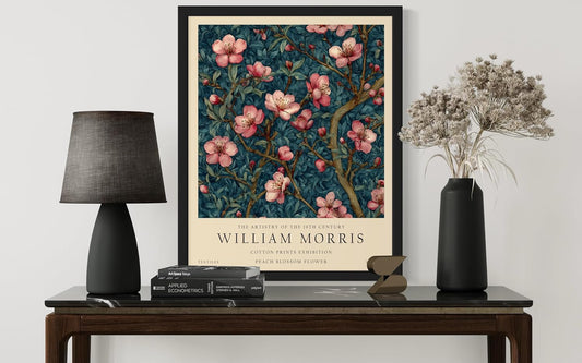 Peach Blossom William Morris Inspired Flower Art Print Poster, Vintage Floral Botanical Wall Decor Wall Art Home Bedroom Bathroom Decor 242B (Peach Blossom William Morris, 14"L x 11"W, Black Frame)
