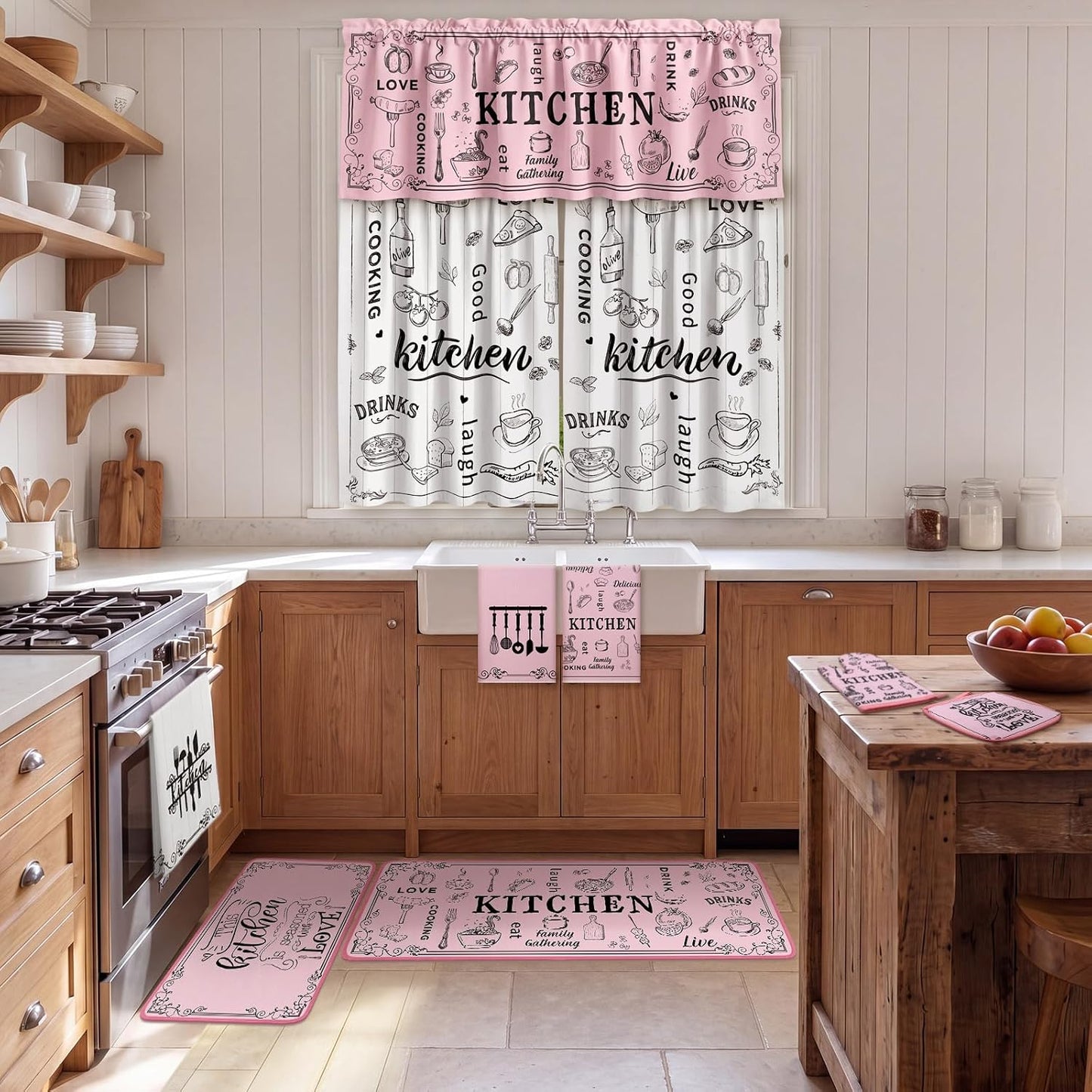 Fourluoo 13 Pcs Pink Kitchen Decor Set 4 Black Kitchen Towels 2 Cute Nonslip Rugs and Mats 3 Modern Curtains Valance 2 Pot Holders 2 Oven Mitts for Home Decoration Mom Cooking Grilling Gift