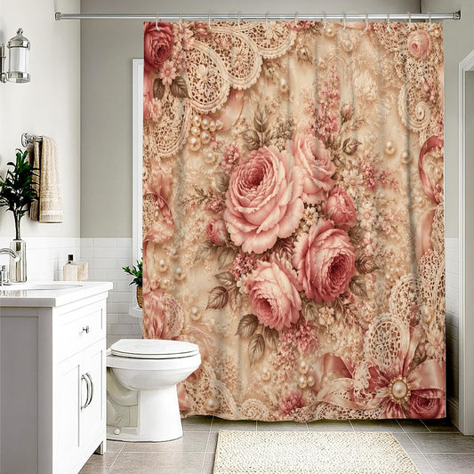 Rose Extra Long Shower Curtain, Vintage Elegant Lace Pearl Spring Peach Polyester Waterproof Bathtub Cloth Curtains for Bathroom Toile Guest Room Decor 72x96 Inch