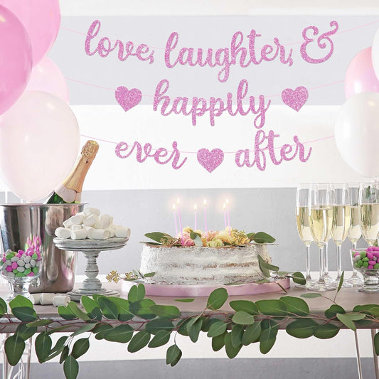 Pre-Strung Love Laughter & Happily Ever After Banner - Pink Bridal Banner | NO DIY - Pink Glitter Bachelorette Wedding Party Banner - Pre-Strung on 8 ft Strands - Bachelorette Bridal Party Decorations