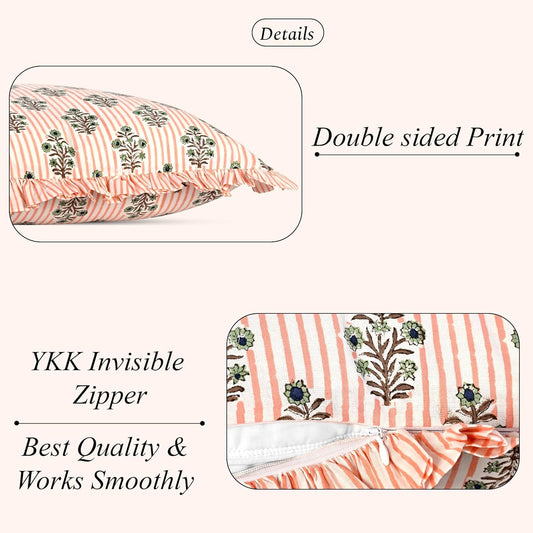 Ridhi Block Print Salmon Blossom Throw Pillow Cover 18" x 18" (Pack of 2) Decorative Cushion Covers with Ruffle for Couch, Sofa, Bed, Living Room, Home Decor Gift for Spring, Easter, Valentine