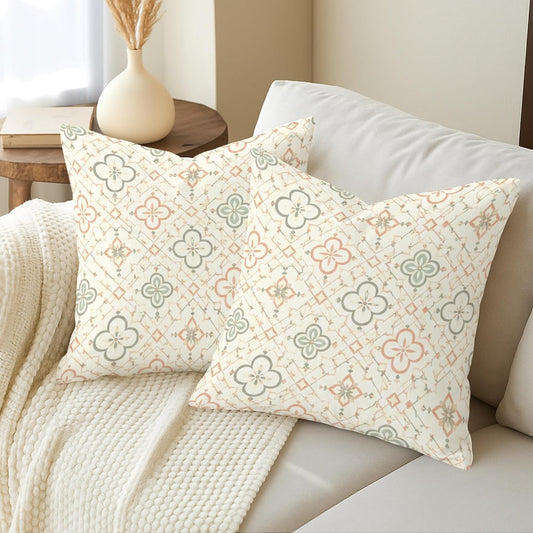 Flower Throw Pillow Covers Set of 2, Modern Bohemian Diamond Leaf Spring Pastel Peach with Hidden Zipper Cushion Covers Pillow for Living Room Bedroom Loft Office Car Decor 18x18 Inch
