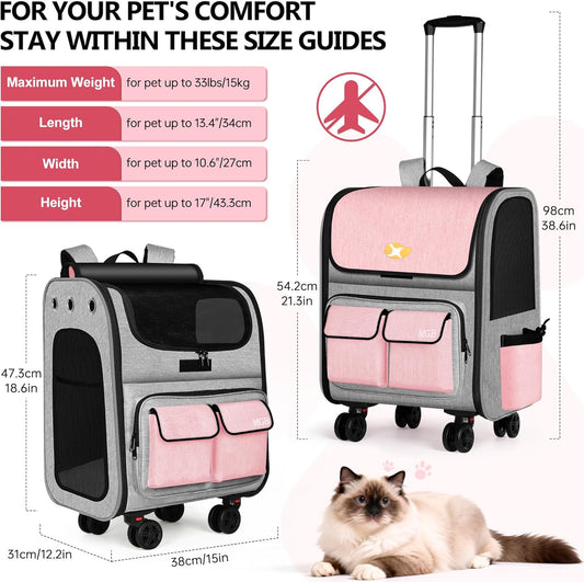 MGB Large Pet Carrier, Foldable Rolling Dog Carrier with Removable Wheels, Cat Rolling Bag 21.3"x15"x12.2" for 2 Cats & 1 Dog for Travel, Outdoor, Vet Visits, Camping, Indoor. Pink. (Not for Airline)