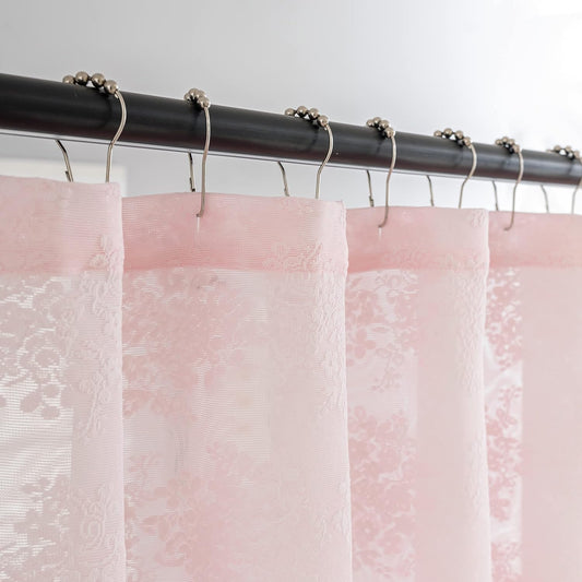 TUDECO Pink Shower Curtain - Shabby Chic Lace Girly Cute Shower Curtain with Attach Valance, Sheer Vintage Coquette Floral Aesthetic Decor, Scalloped Edge, 72 x 72 Inch, Light Pink
