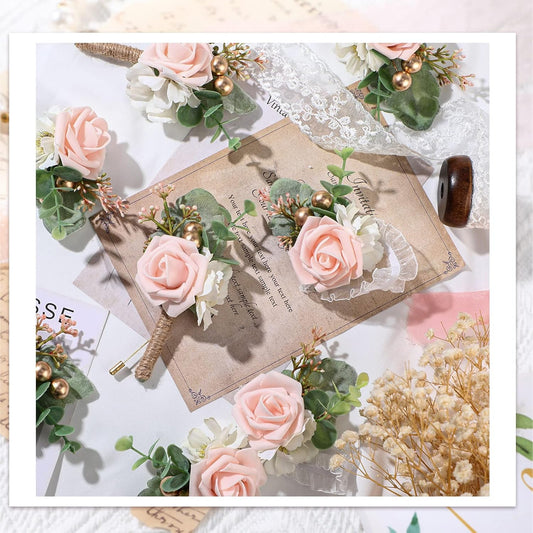 Canlierr 12 Pcs Wedding Wrist Corsage and Boutonniere Set Rose Wrist Corsage for Prom Boutonniere for Men Wedding Flowers Accessories Prom Suit Decorations for Wedding Ceremony Anniversary (Pink)