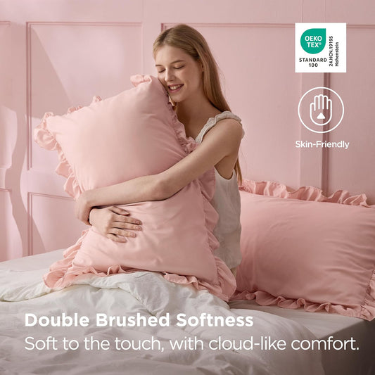 Bedsure Ruffle Pillow Cases, Pillow Shams Queen Size Set of 2, Double Brushed Microfiber, Decorative Ruffled Pillow Covers with Envelope Closure, Wrinkle Fade Resistant, 20" x 30", Blush Pink