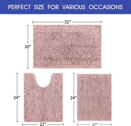 Striped Dusty Pink Bathroom Rug Set 3 Pieces Ultra Soft, Non Slip Chenille Bath Carpet, Absorbent Plush Shaggy Bath Mats for Bathroom, Toilet, Bedroom, Kitchen