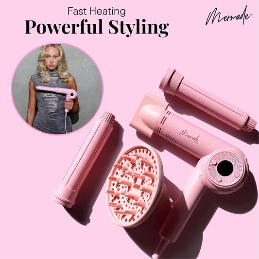 Mermade M Ionic Hair Dryer with Diffuser - Professional Blow Dryer for Curly Hair Styling, 4 Attachments to Curl, Dry, & Style, Salon Grade, Lightweight, Fast Drying, Adjustable Temperatures - Pink