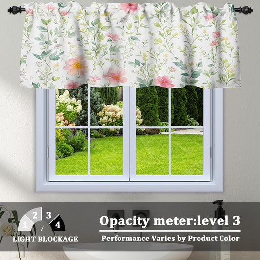 Renaiss 42x18 Inch Spring Floral Kitchen Valance Curtain Sage Green Leaf Pink Flower Short Cafe Curtains Farmhouse Rustic Window Treatment Valance Spring Home Decor