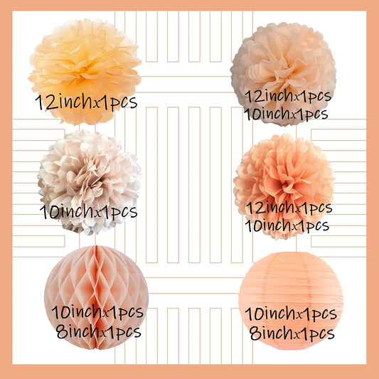 Pastel orange Color Hanging Decorations –Tissue Paper Flower PomPoms and lantern for Bridal Baby Shower Bachelorette Birthday Party Decor (Peach + Orange)