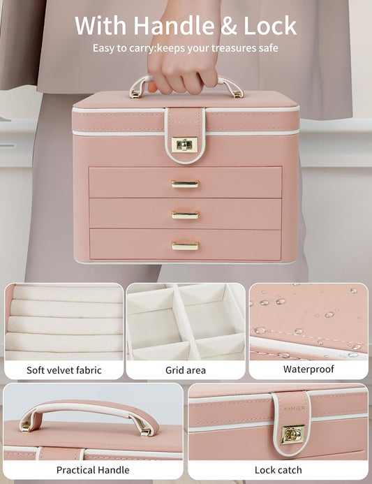 KAMIER Jewelry Organizer Box for Women - 4 Layer Drawer Jewellery Storage with Lock and Mirror - Jewelry Case for Necklaces Rings Bracelets Earring Holder Organizers (Pink)