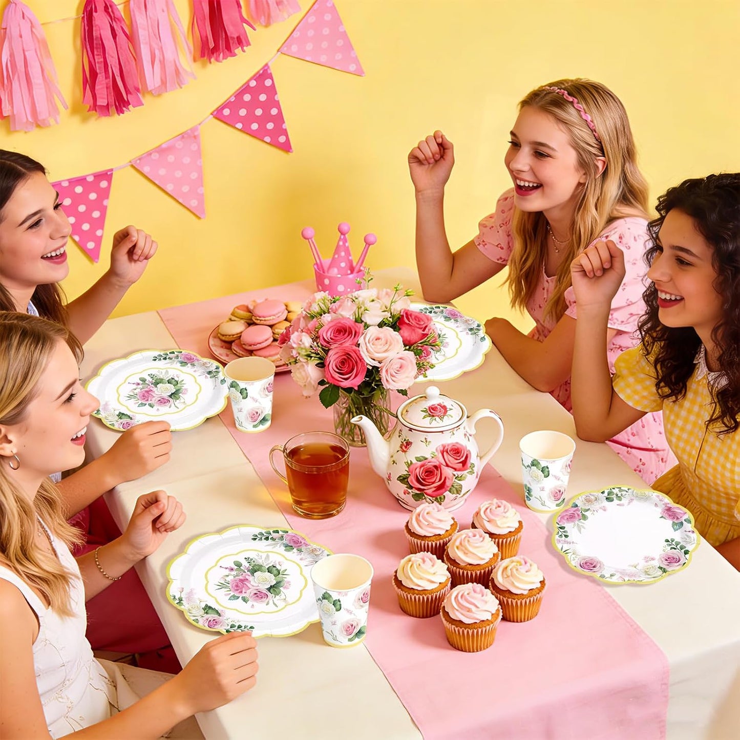 250Pcs Floral Tea Party Supplies Pink Floral Scalloped Plates Napkins Cups Pink Flower Garden Tableware Set for Spring Wedding Bridal Shower Baby Shower Garden Tea Party Decorations Serves 50