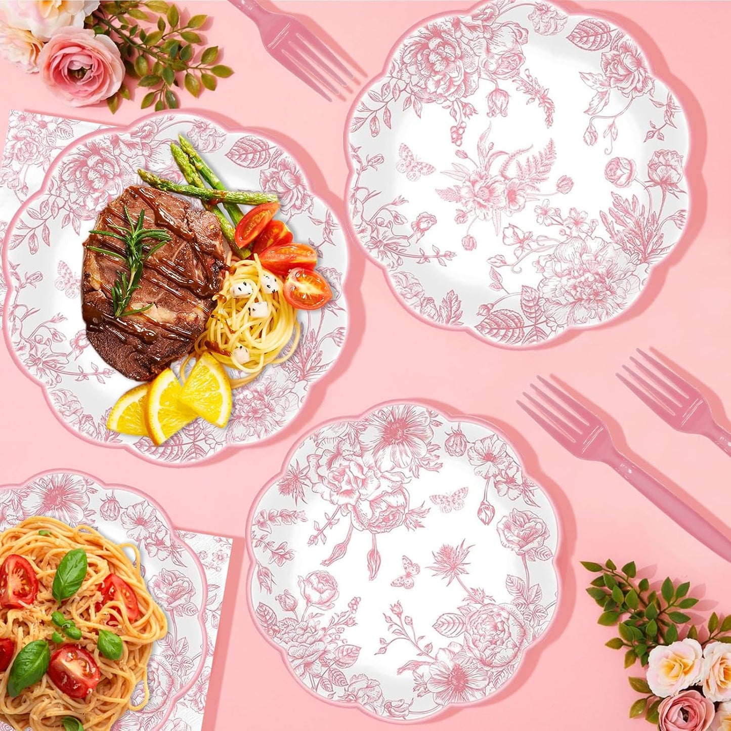 250 Pcs Pink Floral Plates and Napkins, 50 Guests Pink and White Scalloped Disposable Tableware Set Vintage Paper Plates Napkins for Wedding Bridal Shower Tea Garden Party Supplies