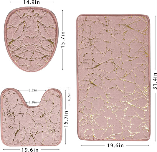 Marble Bathroom Rugs and Mats Set 3 Piece Nonslip Pink Bathroom Mats Soft Washable Bath Mat for Bathroom Floor Mats Carpet Water Absorbent Shower Rug with U-Shaped Contour Rug Toilet Lid Cover