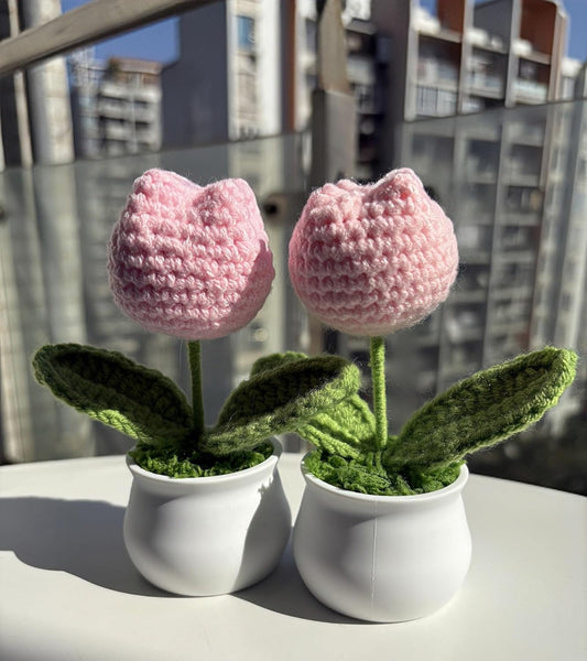 Crochet Tulip Flowers, 2pcs Small Potted Flower Tulip Artificial Flowers Handmade Knitted Tulips Potted Plants for Home Office Desk Decorations Gift (Pink)