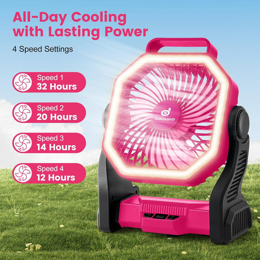 Odoland Rechargeable Camping Fan, 20000mAh Battery Fans with LED Lantern for Tent Car Beach Storm, Portable Light Desk Cooling Fan for Picnic Power Outage Hurricane, Pink