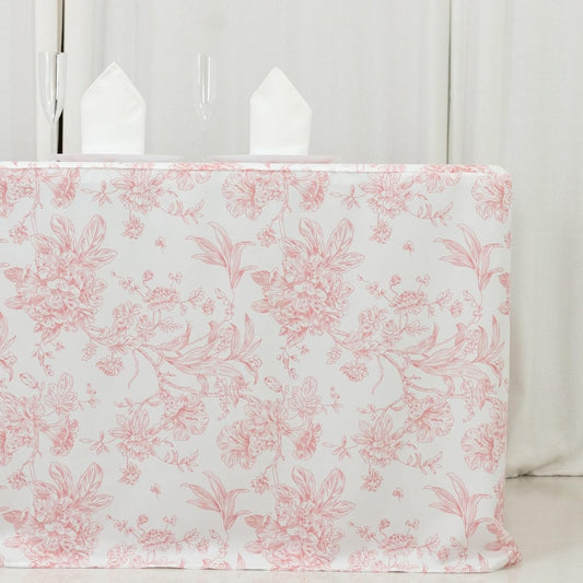 Efavormart French Toile Fitted Polyester Tablecloth 6ft – Pink & White Rectangular Wrinkle-Resistant Table Cover