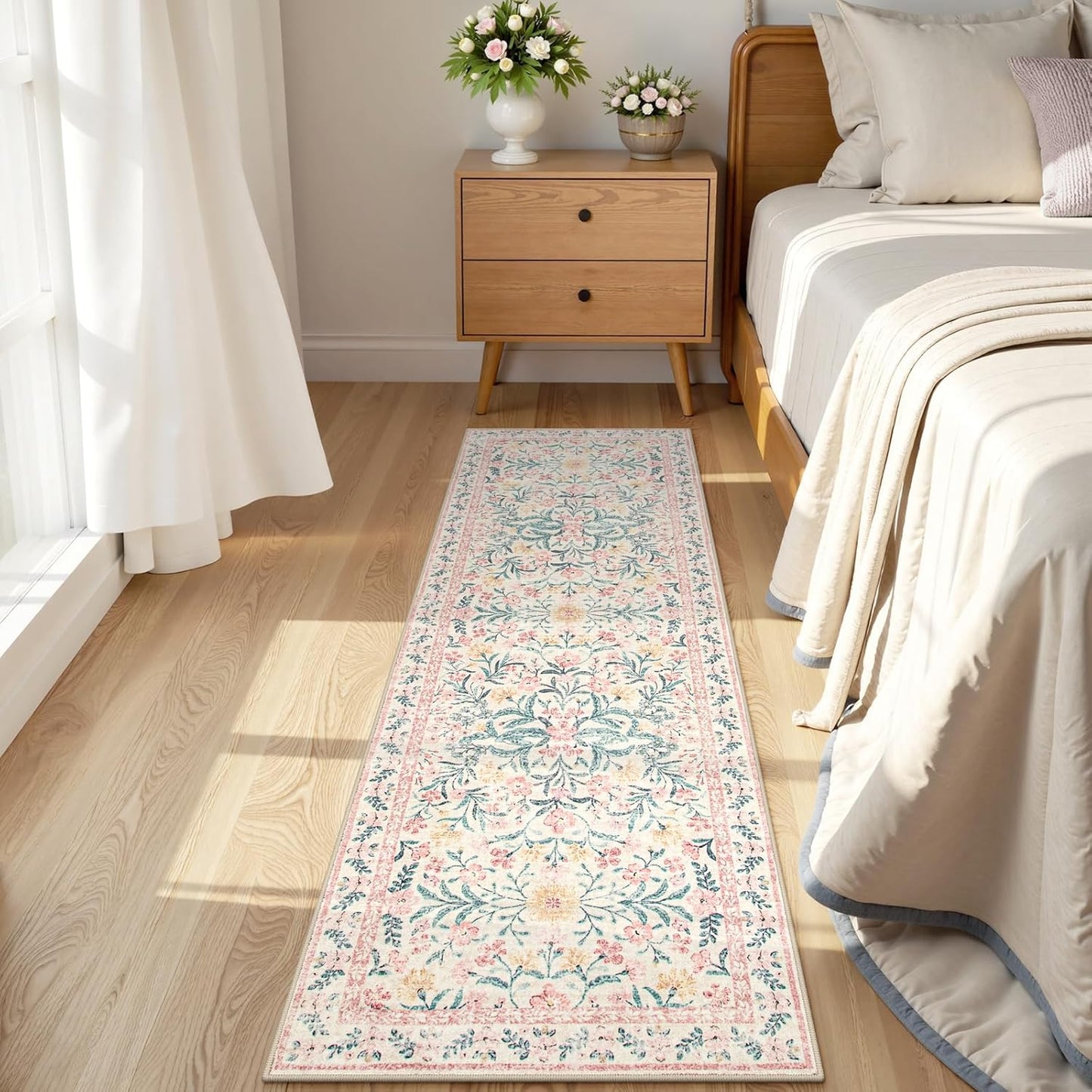 Morebes Boho Hallway Runner Rug 2x6, Pink Floral Kitchen Runner Rugs for Bedroom Girls, Washable Non Slip Super Soft Indoor Throw Carpet for Bathroom Laundry Room Entryway