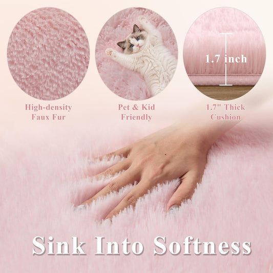 6x9 Ft Baby Pink Fluffy Area Rugs, Ultra Soft Large Shag Furry Carpet with Non-Slip Backing, Cozy Fuzzy Plush Rug for Bedroom, Living Room, Nursery, Girls Dorm Decor