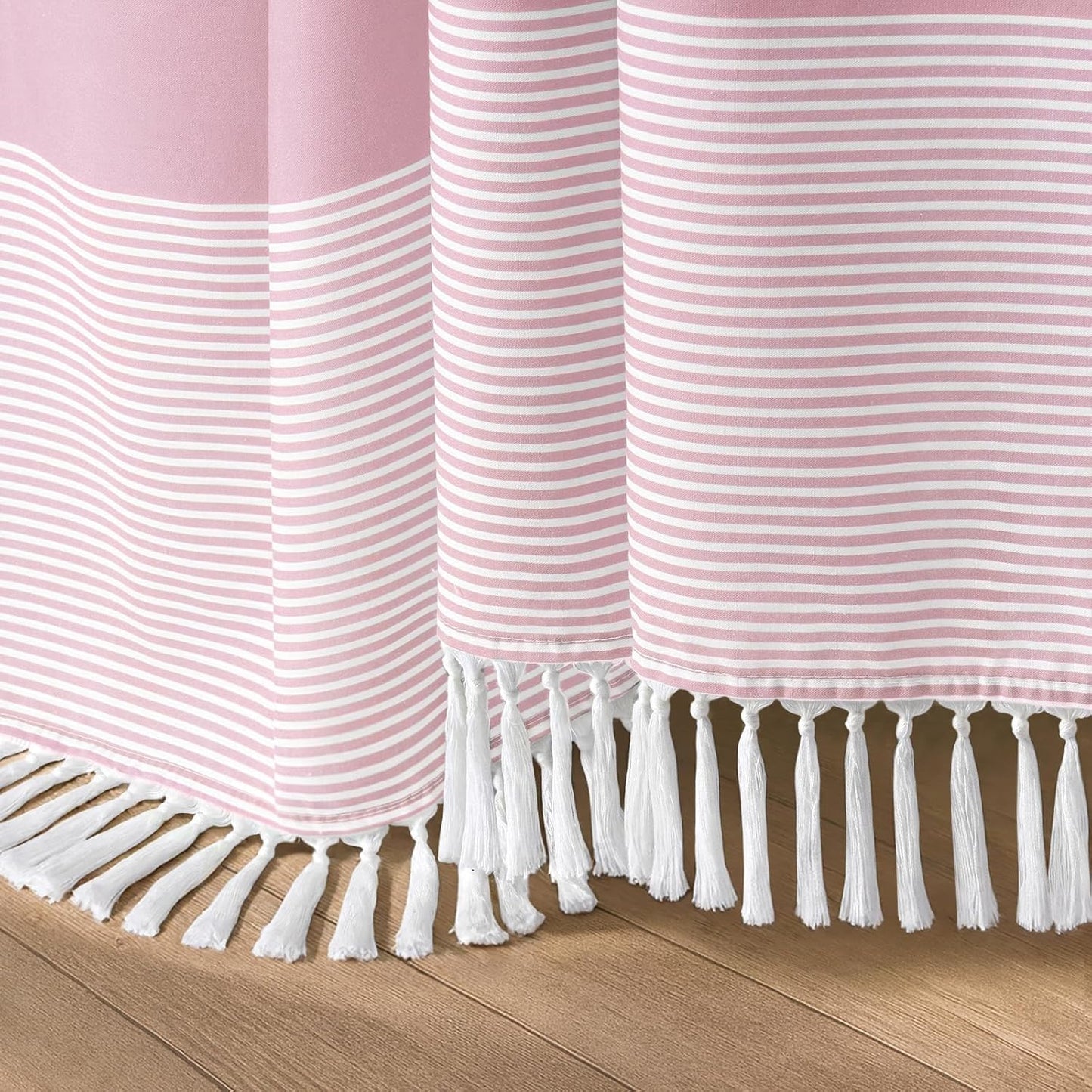 Pink Shower Curtain Cotton Boho Striped Shower Curtains for Bathroom with Tassel 72 X 72