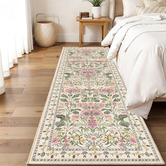 2x6 Soft Washable Runner Rugs: Velvet Feel & 5-10 Degrees Warmer Underfoot - Cottagecore Floral Hallway Carpet for Bedroom Kitchen Entryway - Family & Pet Friendly (Blush Pink)