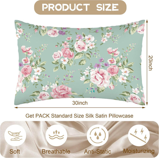 Satin Pillowcase Vintage Pink Floral and Leaves Silk Pillowcase for Hair and Skin,Queen Pillowcase Soft and Smooth with Hidden Zipper Suitable for Women 20x30 Inch