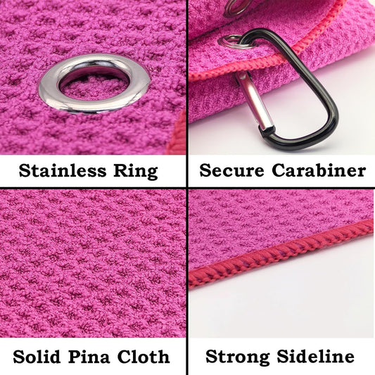 2 Pack Tri-Fold Microfiber Towels Set with Carabiner Clip - Waffle Pattern Golf Towels for Bags - Outdoor Sports Towel Gifts (2 Pcs Pink + Pink)
