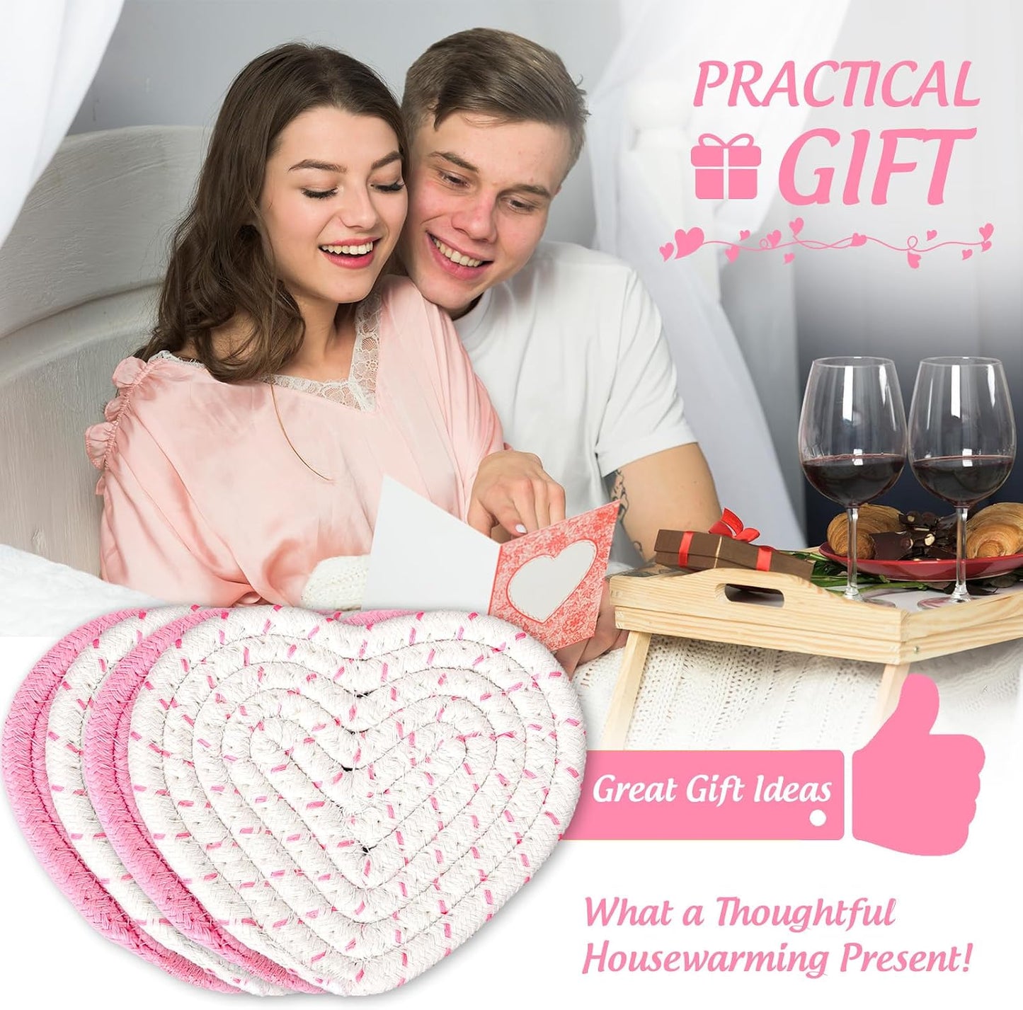 Whaline Valentine's Day Heart Coasters Pink White Love Heart Shape Handmade Braided Cotton Drink Coasters Absorbent Cup Mats for Mother's Day Wedding Birthday Party Decor Housewarming Gifts, 4Pcs