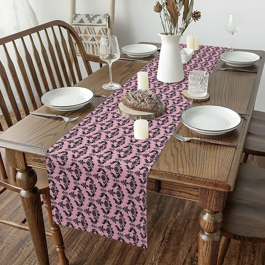 Manfei Pink Black Damask Table Runner Antique Baroque Retro Kitchen Dining Table Decoration for Indoor Outdoor, Boho Floral Vintage Table Center Home Party Decor,48 x 13 Inch