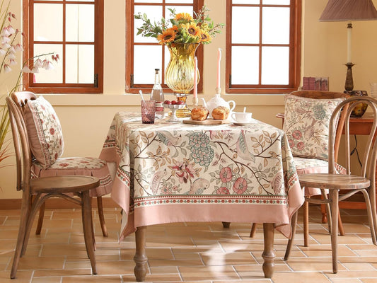 patdrea Vintage French Linen Tablecloth,Rectangular,94"x63"-Kulom A | Elegant Large Table Cloth for Rectangle Table,Leaves and Bird Patterned,Dining Room Tea Party Thanksgiving Decor,Pink