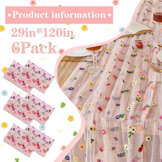 6PCS Pink Floral Table Runner 10 FT, Embroidery Daisy Table Runners Seasonal Spring Summer Sheer Tulle Dining Table Decor for Home Party Birthday Decor 29x120 Inch