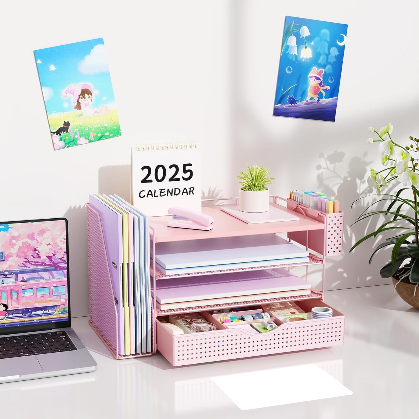 gianotter Wood Desk Organizers and Accessories with File Holder, 4-Tier Desk Accessories & Workspace Organizers with Drawer and Pen Holder, Desk Reference Organizer (Pink, 4T with Drawer)