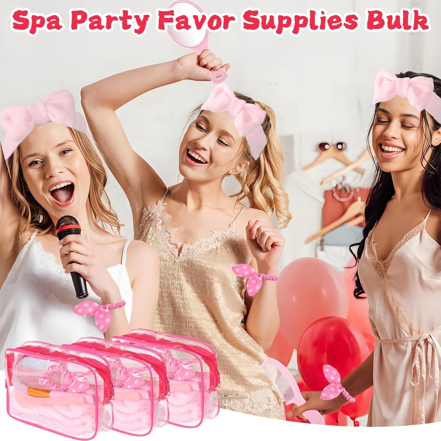 64 PCS Spa Sleepover Party Favor Supplies for Women Bulk, Include Pink Face Mask Mixing Bowl Sets, Handheld Mirrors, Combs, Headbands, Scrunchies, Cosmetic Bags for Slumber Party Supplies