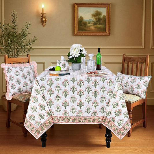 Ridhi Mughal Buta Peach Hand Block Print Cotton Rectangle Tablecloth 102" x 48" inches Reusable Table Cover Decorative Everyday Use for Dining Room, Farmhouse, Home Gift for Spring, Mother's Day