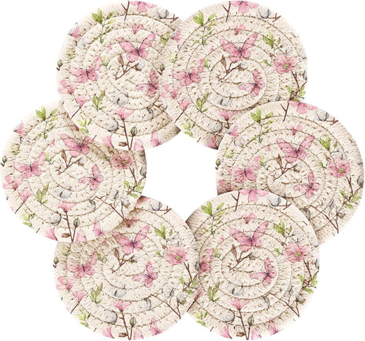 Pink Butterfly Flower Pattern Coasters Set of 6 with Holder Absorbent Round Coasters for Wooden Table Tabletop Protection Party Christmas Decor House Warming