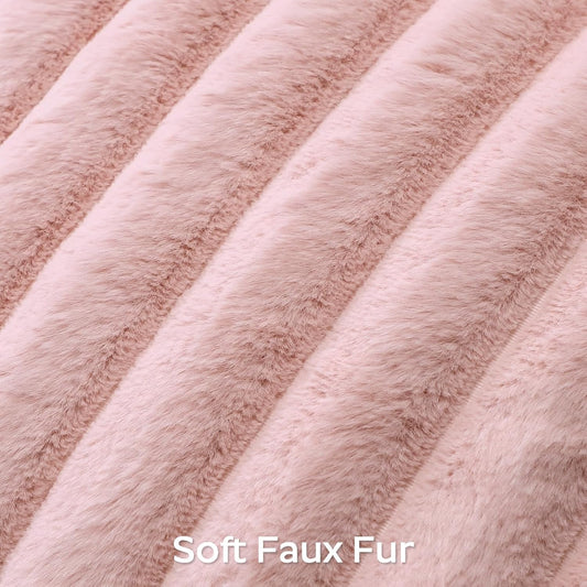 OTOSTAR Blush Pink Faux Rabbit Fur Decorative Throw Pillow Cover 18x18 Inch Soft Cozy Plush Striped Pillowcase Velvet Cushion Cover for Sofa Couch Bed Living Room