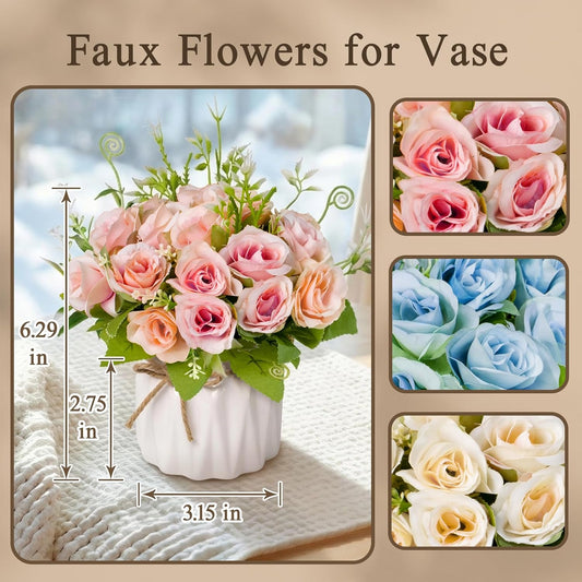Pink Artificial Roses with Ceramic Vase, No Maintenance Fake Flowers for Table Decor, Realistic Silk Rose Bouquet for Home Office Wedding Gift
