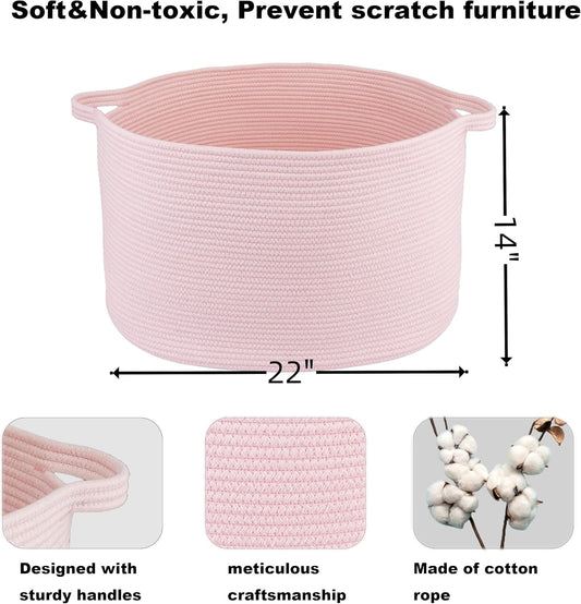 XUANGUO Extra Large Cotton Rope Basket Blankets Basket Living Room 22"x14" Toy Baskets for Kids Dogs Storage Baskets for Nursery Woven Laundry Baskets for Clothes Towels Baby Toy Storage Round pink