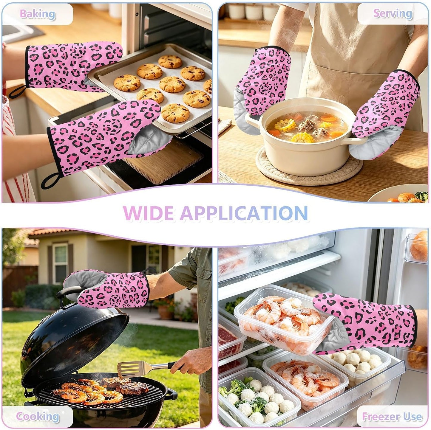 Oven Mitt 2 Pack Set Bright Pink Leopard Print Kitchen Mitts Gloves for for Cooking Baking Grilling