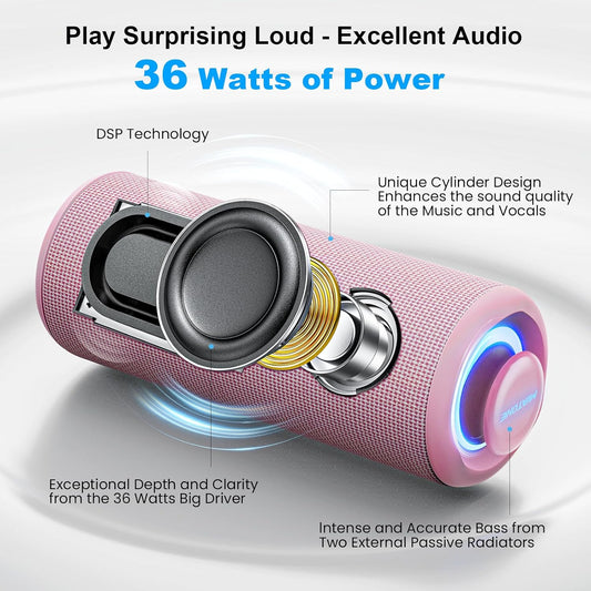 MIATONE Bluetooth Speakers 36W TWS Portable Speaker with Stereo Sound Bass, Bluetooth 5.3 Wireless USB Type C Outdoor Festival Gifts for Mom (Pink)