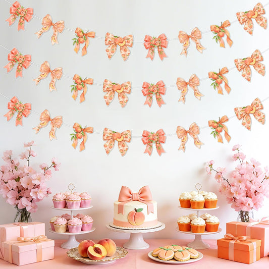 TWO WILD Bow Peach Party Decorations Garland Set for Girls Birthday Party or Baby Shower Decor, 3pcs Fruits Theme Hanging Banner for Entryway, Dessert Table, Photo Wall Decor Display Area