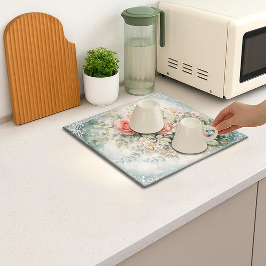 Floral Dish Drying Mats for Kitchen Counter, Peach Floral Absorbent Dish Drainer Mat, Spring Vintage Microfiber Drying Pad for Coffee Bar Protector 16x18 Inch
