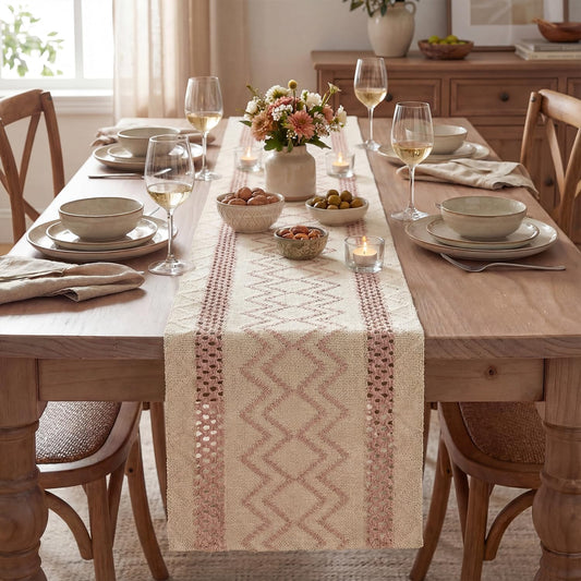 Artoid Mode Pink Stripe Diamond Pattern Woven Table Runner, Seasonal Holiday Hollow Kitchen Dining Table Decoration for Home Party Decor 12x72 Inch