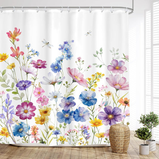 Glawry Spring Floral Shower Curtain, Watercolor Wildflowers Shower Curtains for Bathroom, Vintage Pink Flowers Bathroom Decor - Waterproof Polyester Fabric Bathroom Curtain 12 Hooks, 72x72 Inches