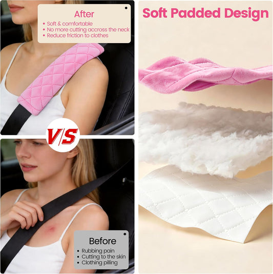 Amooca Soft Auto Seat Belt Cover Seatbelt Shoulder Pad Cushions 2 PCS for a More Comfortable Driving Universal Fit for All Cars and Backpack Pink