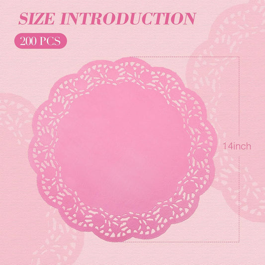 Yexiya 200 Pcs Doilies Lace Paper Doilies 14 Inches Disposable Foil Lace Placemats Large Round Paper Pad Placemats for Cakes Crafts Wedding Birthday Party Decoration(Pink)