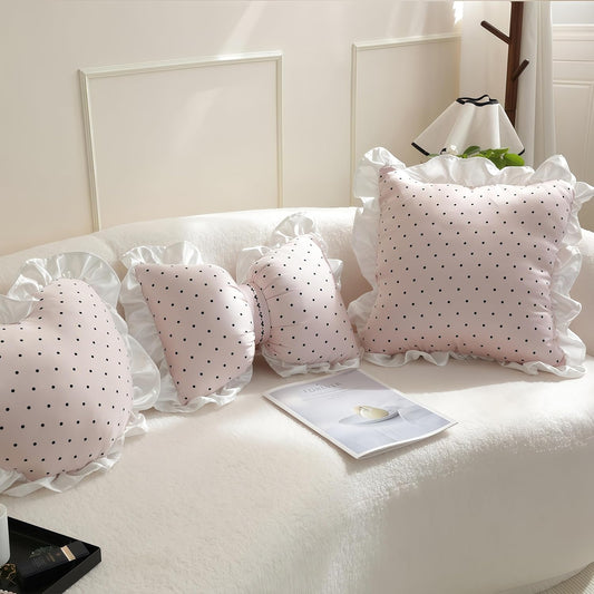 Pink Black Polka Dot Silk Throw Pillow Cover 18x18 Inch, Ruffle Cushion Cover with White Lace Trim, Shabby Decorative Chic Pillowcase for Rustic Living Room, Bedroom & Country Home Decor