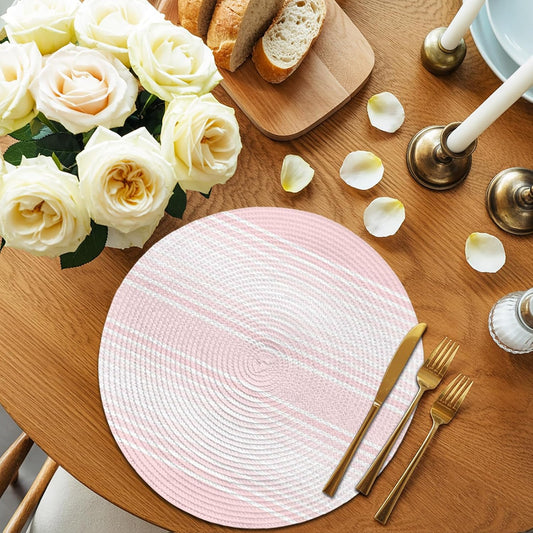 Pink Striped Round Placemats Set of 4 for Dinning Tables,Heat-proof Braided Table Mats 15 Inch,Pink Ombre Farmhouse Stripes Washable Place Mat for Kitchen Restaurant Party Decor Supplies Table Setting